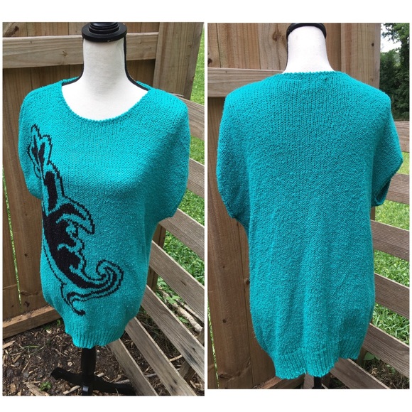 80’s Vintage Teal Sweater, Extra Long, Stretchy - Picture 5 of 6